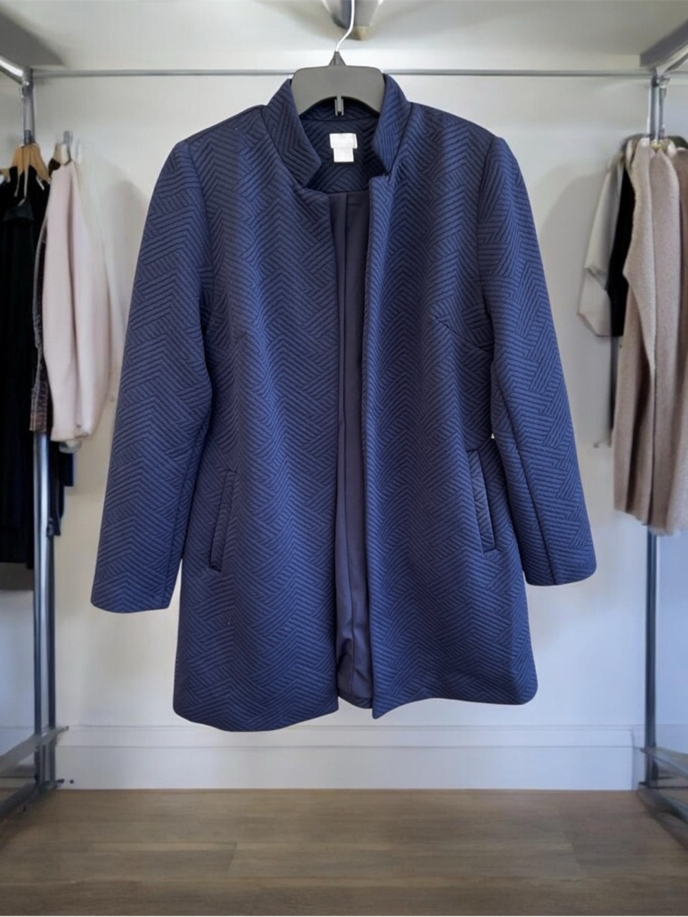 Chico's Quilted Navy Stand-Neck Peacoat